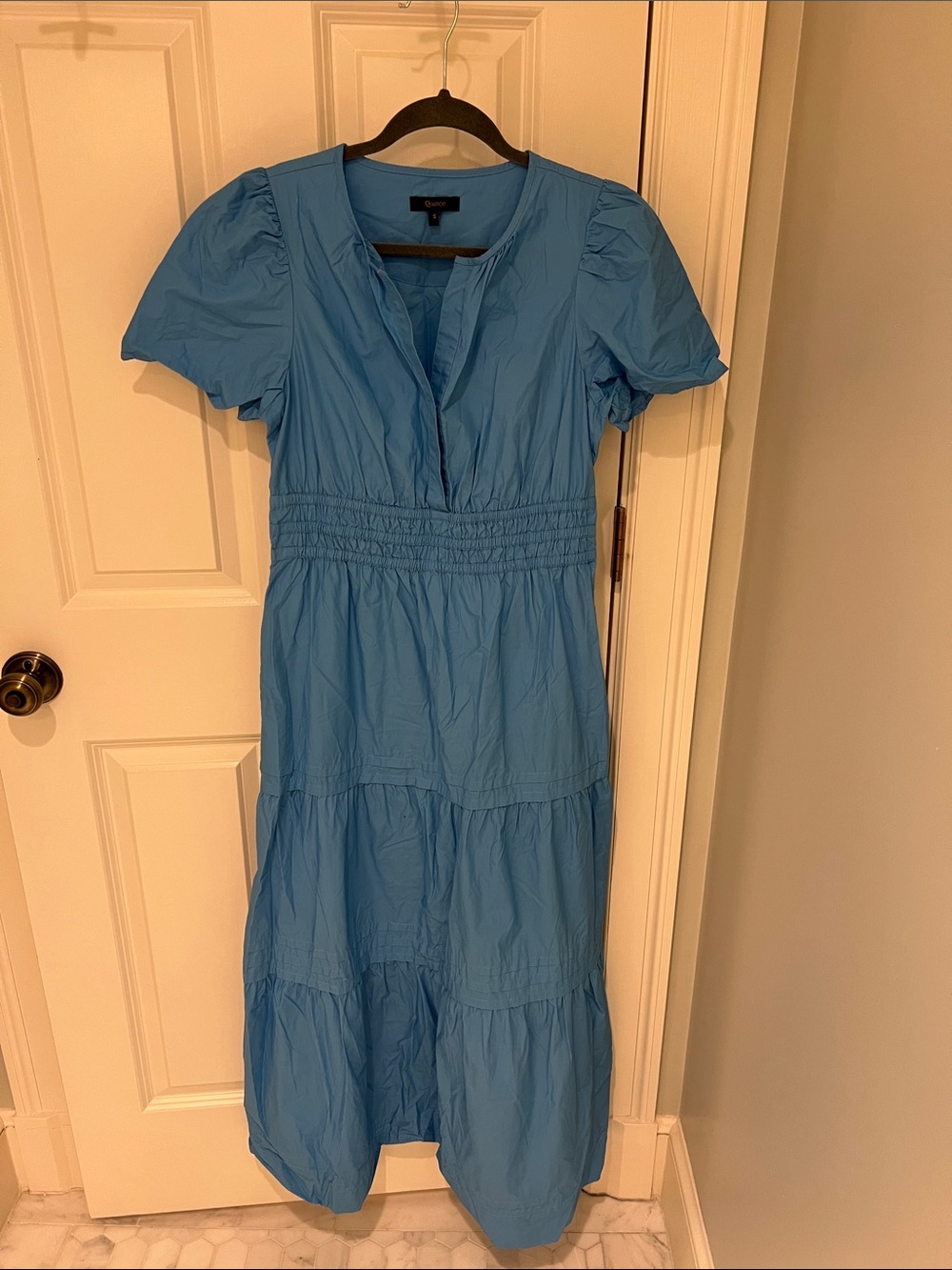 Quince Sky-Blue Tiered Cotton Midi Dress